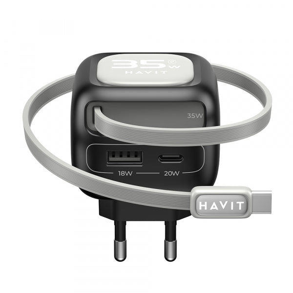 Havit Wall Charger UC251, 35W, 3A, 1 x USB-A - 1 x USB-C, with USB-C Cable, Black Grey