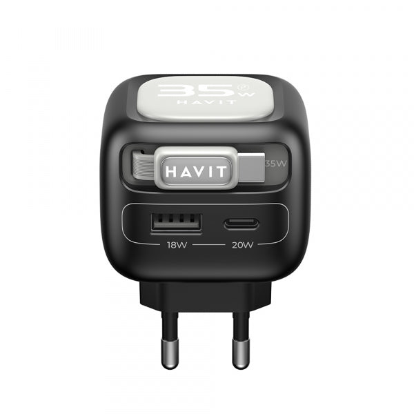 Havit Wall Charger UC251, 35W, 3A, 1 x USB-A - 1 x USB-C, with USB-C Cable, Black Grey