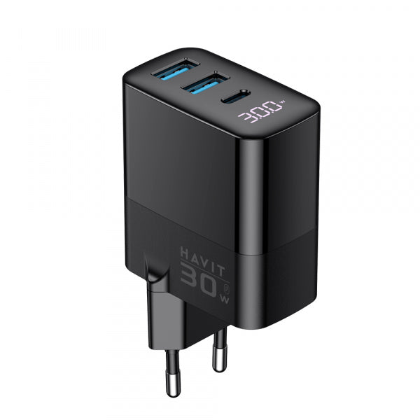 Havit Wall Charger UCLE001, 30W, 3A, 2 x USB-A - 1 x USB-C, Black