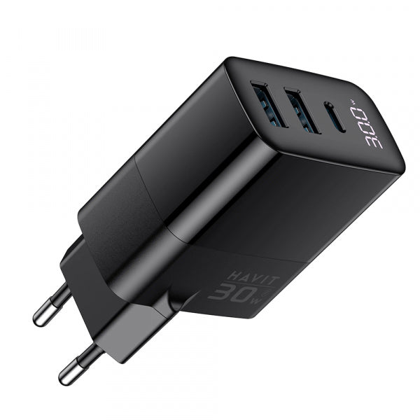 Havit Wall Charger UCLE001, 30W, 3A, 2 x USB-A - 1 x USB-C, Black