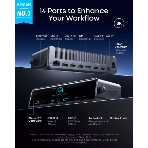 Anker Hub Prime, 3 x USB-A - 4 x USB-C - 1 x Display Port - 2 x HDMI - 1 x Jack 3.5mm - 1 x RJ45 - 1 x SD - 1 x microSD, Grey A83B33A1