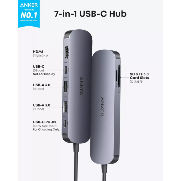 Anker USB-C Hub 2 x USB-A 3.0 - 2 x USB-C - 1 x HDMI - 1 x SD - 1 x microSD, Grey A83D2HA1