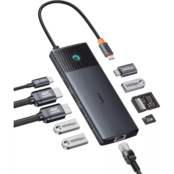 Baseus USB-C Hub Dual Display, 1 x USB-A 3.0 - 2 x USB-A - 2 x USB-C - 2 x HDMI - 1 x RJ45 - 1 x SD - 1 x microSD, Black B00061800123-01