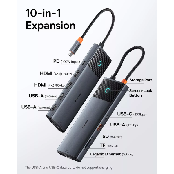 Baseus USB-C Hub Dual Display, 1 x USB-A 3.0 - 2 x USB-A - 2 x USB-C - 2 x HDMI - 1 x RJ45 - 1 x SD - 1 x microSD, Black B00061800123-01