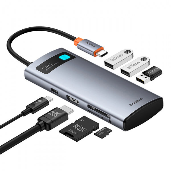 Baseus USB-C Hub Metal Gleam, 3 x USB-A 3.0 - 1 x USB-C - 1 x HDMI - 1 x SD - 1 x microSD, Grey B00030708811-01