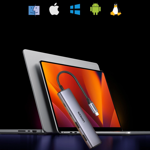 Ugreen USB-C Hub CM473, 2 x USB-A 3.0 - 2 x USB-C, 0.20cm, Grey