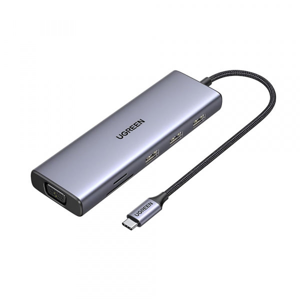 Ugreen USB-C Hub CM498 (15600), 3 x USB-A 3.0 - 1 x USB-C - 1 x HDMI - 1 x VGA - 1 x RJ45 - 1 x SD - 1 x microSD, Grey