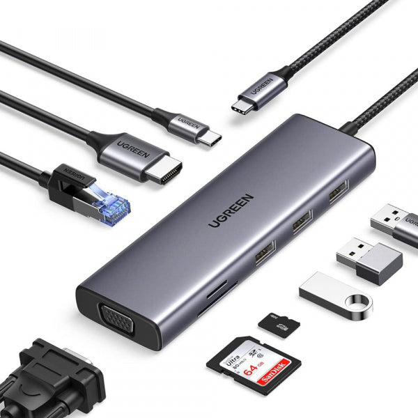 Ugreen USB-C Hub CM498 (15600), 3 x USB-A 3.0 - 1 x USB-C - 1 x HDMI - 1 x VGA - 1 x RJ45 - 1 x SD - 1 x microSD, Grey