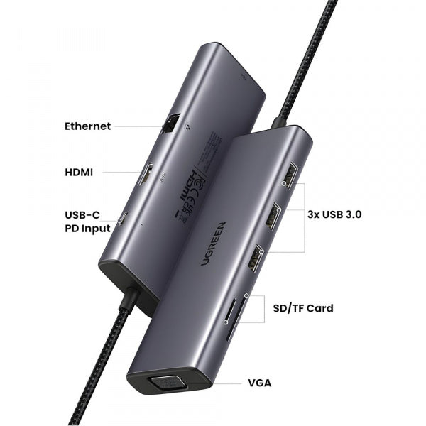 Ugreen USB-C Hub CM498 (15600), 3 x USB-A 3.0 - 1 x USB-C - 1 x HDMI - 1 x VGA - 1 x RJ45 - 1 x SD - 1 x microSD, Grey