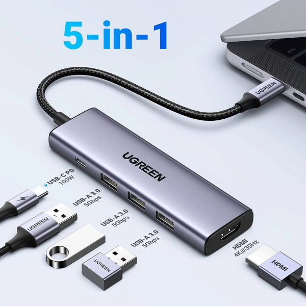 Ugreen USB-C Hub CM511 (15596), 3 X USB-A 3.0 - 1 x USB-C - 1 x HDMI, Grey