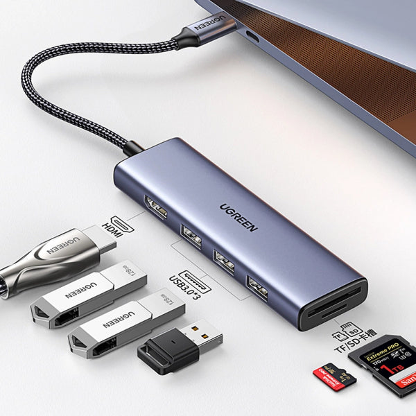 Ugreen USB-C Hub CM511 (20956A), 3 x USB-A 3.0 - 1 x HDMI - 1 x SD - 1 x microSD, Grey