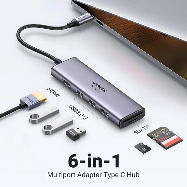 Ugreen USB-C Hub CM511 (60383), 3 x USB-A 3.2 - 1 x HDMI - 1 x SD - 1 x microSD, Grey