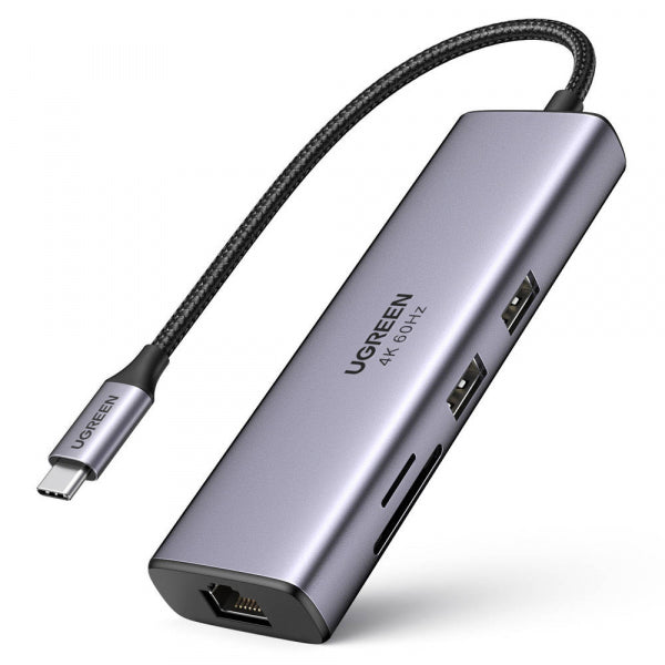 Ugreen USB-C Hub CM512 (60515), 2 x USB-A 3.0 - 1 x USB-C - 1 x HDMI - 1 x SD - 1 x microSD - 1 x RJ45, Grey