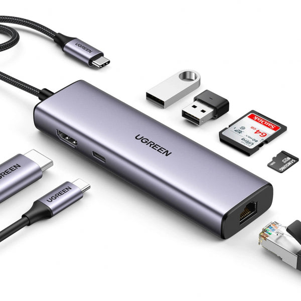 Ugreen USB-C Hub CM512 (90568), 2 x USB-A 3.0 - 1 x USB-C - 1 x HDMI - 1 x RJ45 - 1 x SD - 1 x microSD, Grey
