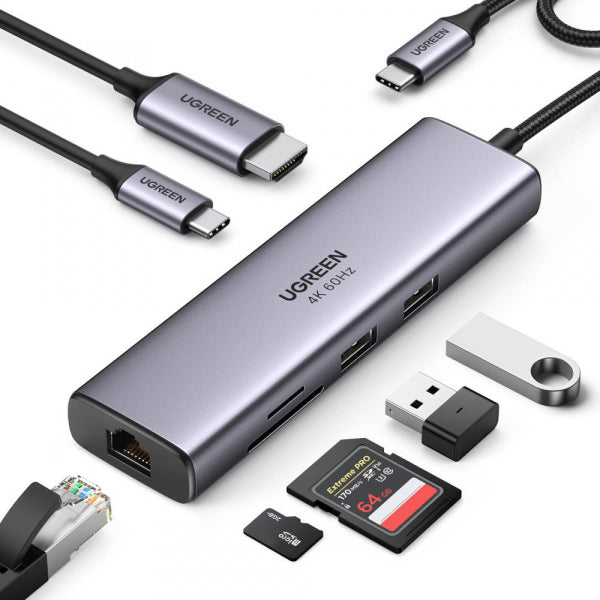 Ugreen USB-C Hub CM512 (60515), 2 x USB-A 3.0 - 1 x USB-C - 1 x HDMI - 1 x SD - 1 x microSD - 1 x RJ45, Grey