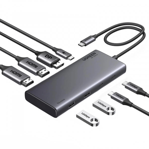 Ugreen USB-C Hub Revodok 308 CM639, 2 x USB-A 3.2 - 3 x USB-C - 1 x Display Port - 2 x HDMI, Grey