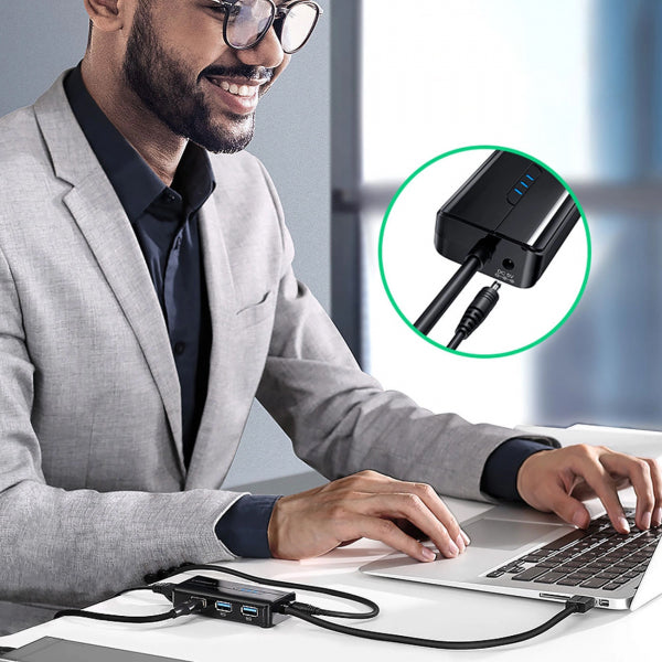 Ugreen USB Hub 20265, 3 x USB-A 3.0 - 1 x RJ45, Black
