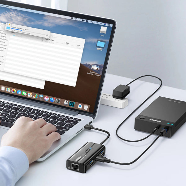 Ugreen USB Hub 20265, 3 x USB-A 3.0 - 1 x RJ45, Black
