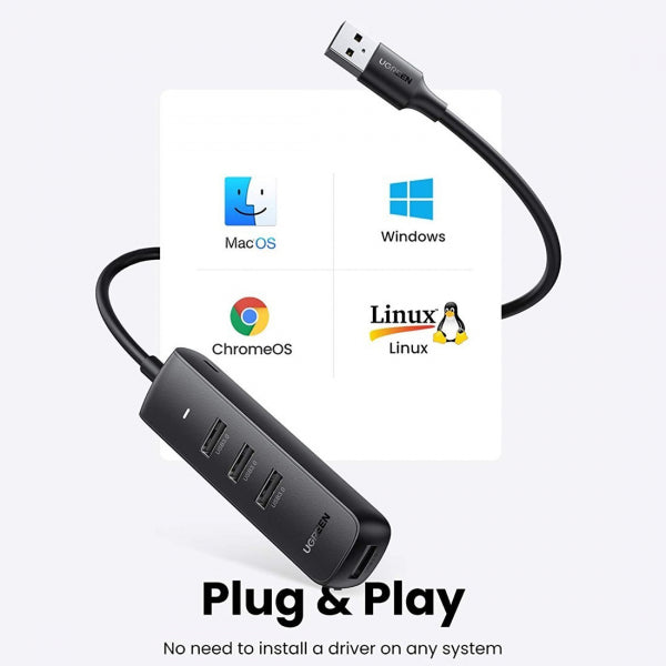 Ugreen USB Hub CM416, 4 x USB-A 3.0, 0.25m, Black