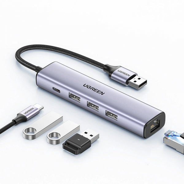 Ugreen USB Hub CM475, 3 x USB-A 3.0 - 1 x USB-C - 1 x RJ45, Grey