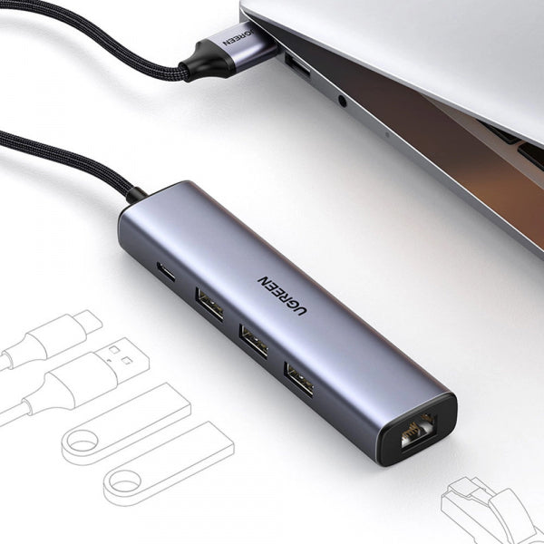 Ugreen USB Hub CM475, 3 x USB-A 3.0 - 1 x USB-C - 1 x RJ45, Grey