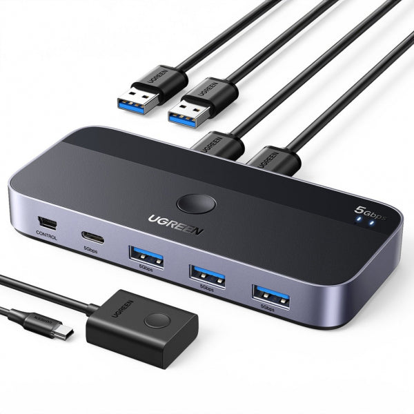 Ugreen USB Switch CM662, 3 x USB-A 3.0 - 1 x USB-C - 1 x miniUSB, Black