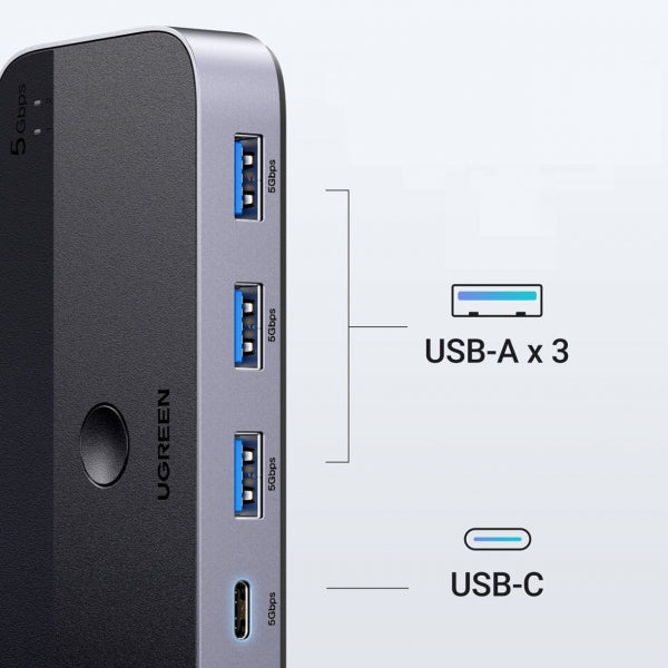 Ugreen USB Switch CM662, 3 x USB-A 3.0 - 1 x USB-C - 1 x miniUSB, Black