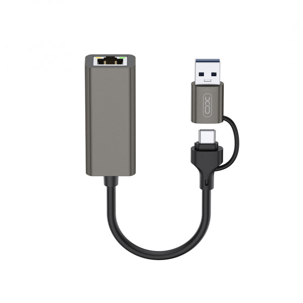 XO Design Ethernet Adapter HUB018, RJ45, USB-C / USB, Grey
