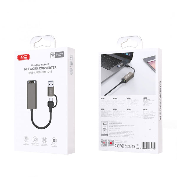 XO Design Ethernet Adapter HUB018, RJ45, USB-C / USB, Grey