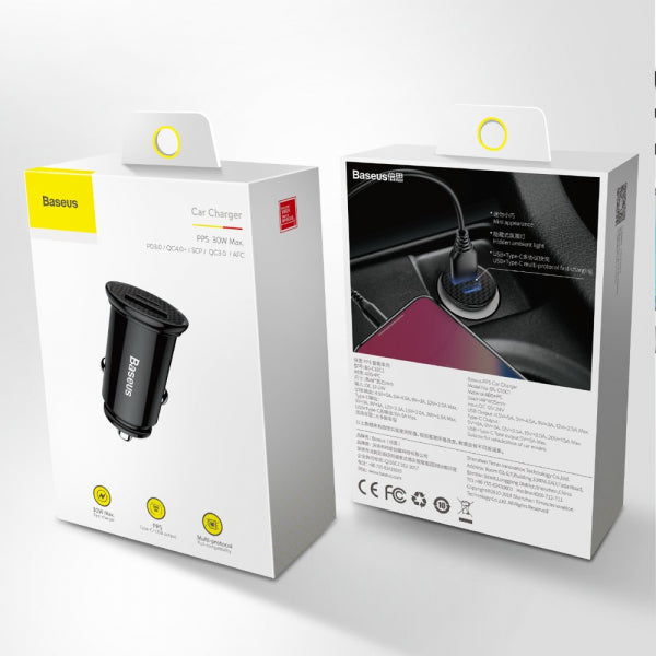 Baseus Car Charger 30W, 3A, 1 x USB-A - 1 x USB-C, Black CCALL-YS01