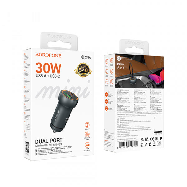 Borofone Car Charger BZ32A Fresh, 30W, 3A, 1 x USB-A - 1 x USB-C, Grey