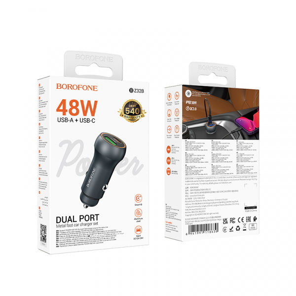 Borofone Car Charger BZ32B Fresh, 48W, 3A, 1 x USB-A - 1 x USB-C, Grey