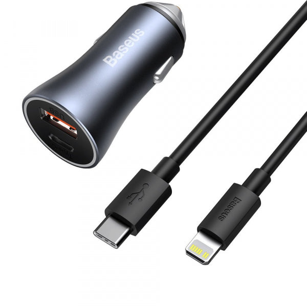 Baseus Car Charger Golden Contactor, 40W, 3A, 1 x USB-A - 1 x USB-C, with Lightning Cable, Grey TZCCJD-B0G