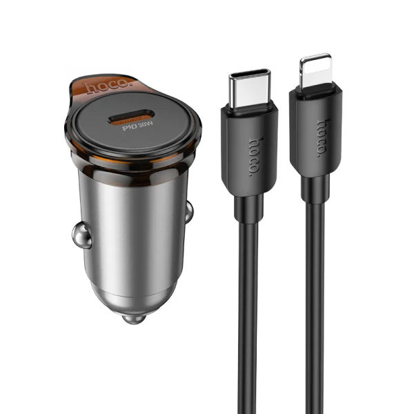 Hoco Car Charger NZ16, 30W, 3A, 1 x USB-C, with Lightning Cable, Grey