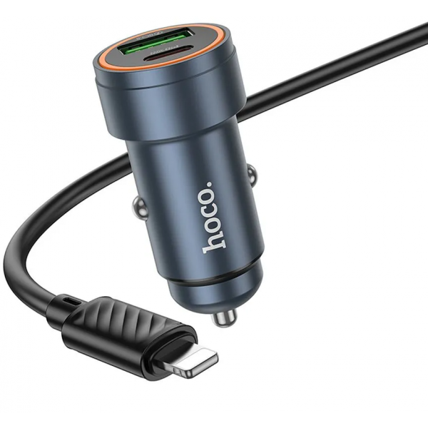 Hoco Car Charger Z57A, 30W, 3A, 1 x USB-A - 1 x USB-C, with Lightning Cable, Grey