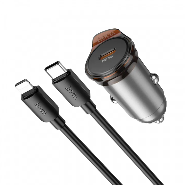 Hoco Car Charger NZ16, 30W, 3A, 1 x USB-C, with Lightning Cable, Grey