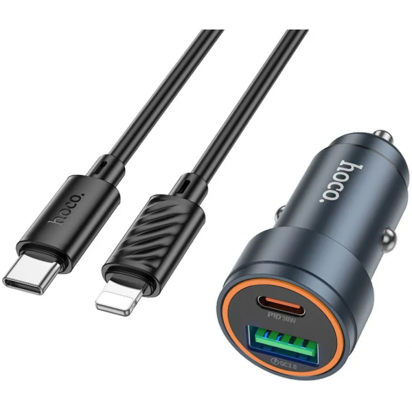 Hoco Car Charger Z57A, 30W, 3A, 1 x USB-A - 1 x USB-C, with Lightning Cable, Grey