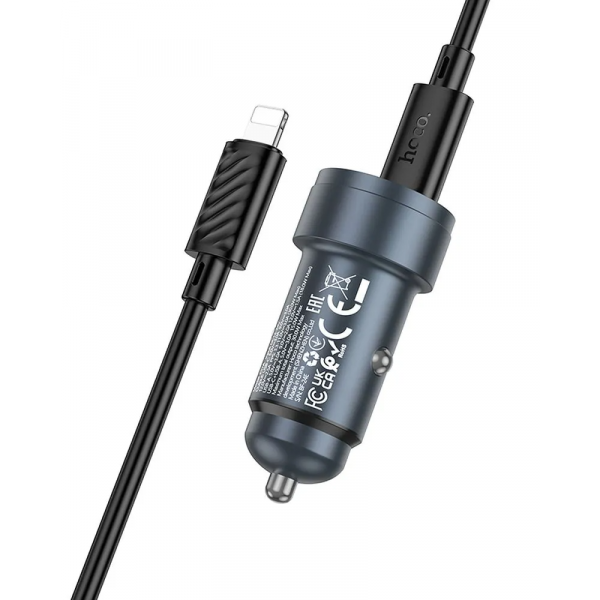 Hoco Car Charger Z57A, 30W, 3A, 1 x USB-A - 1 x USB-C, with Lightning Cable, Grey
