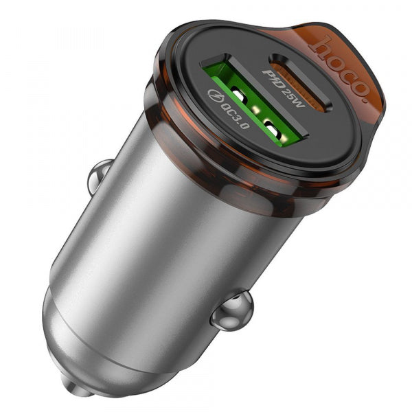 Hoco Car Charger NZ16A, 43W, 3A, 1 x USB-A - 1 x USB-C, with Lightning Cable, Grey