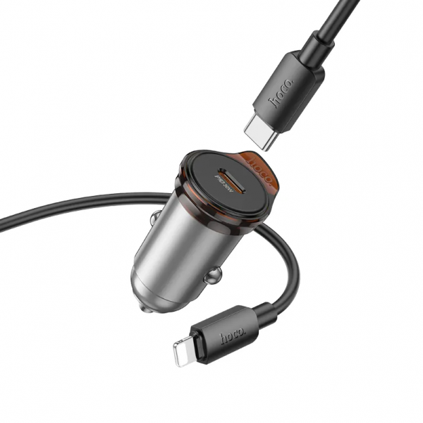 Hoco Car Charger NZ16, 30W, 3A, 1 x USB-C, with Lightning Cable, Grey