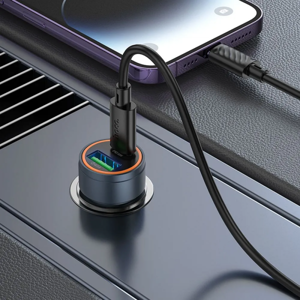 Hoco Car Charger Z57A, 30W, 3A, 1 x USB-A - 1 x USB-C, with Lightning Cable, Grey