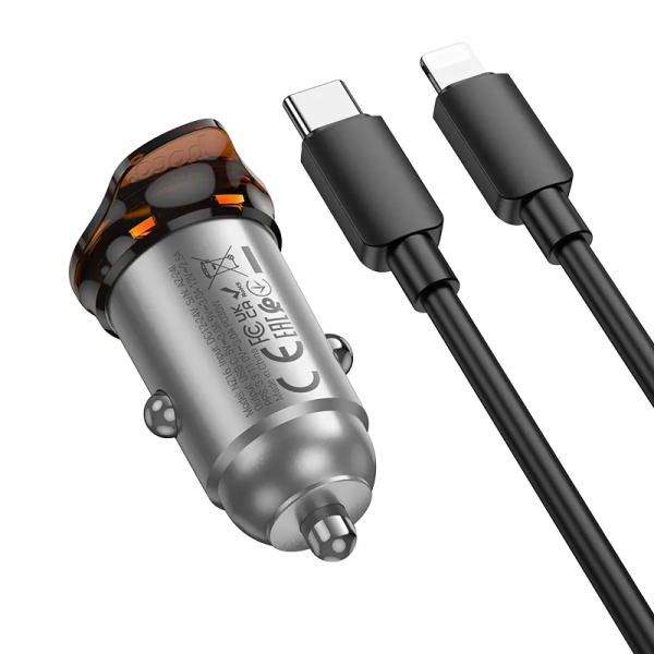 Hoco Car Charger NZ16, 30W, 3A, 1 x USB-C, with Lightning Cable, Grey