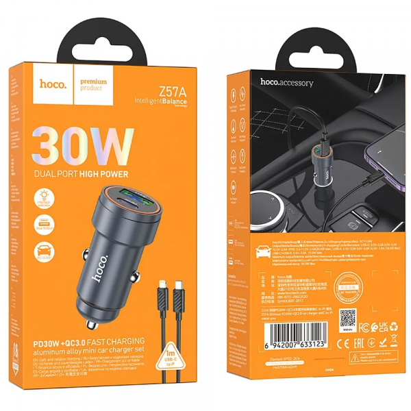 Hoco Car Charger Z57A, 30W, 3A, 1 x USB-A - 1 x USB-C, with Lightning Cable, Grey