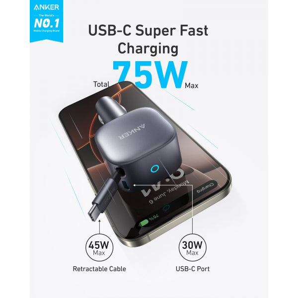 Anker Car Charger Nano, 75W, 3A, 1 x USB-C, with USB-C Cable, Grey A2738HA2