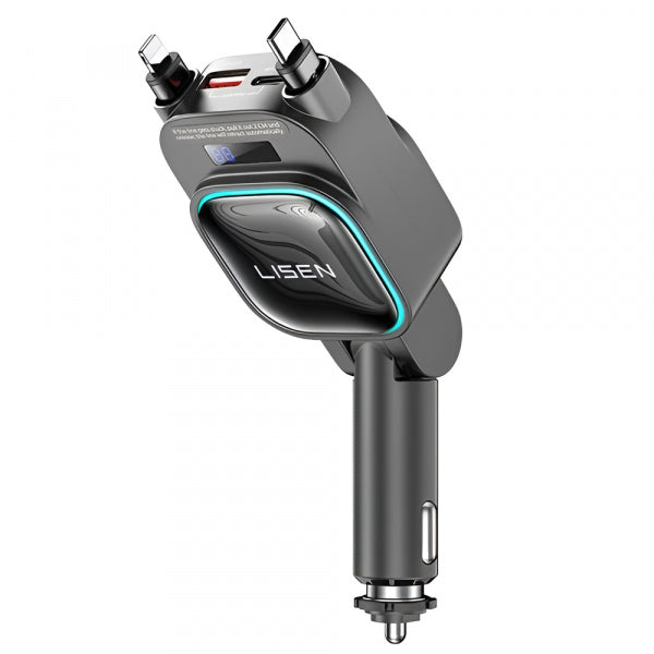Lisen Car Charger Display, 96W, 3A, 1 x USB-A - 1 x USB-C, with USB-C / Lightning Cable, Black YL0224080017