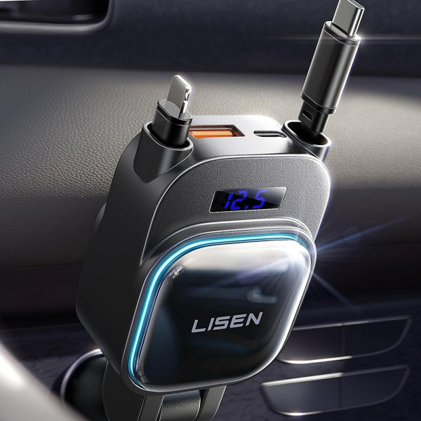 Lisen Car Charger Display, 96W, 3A, 1 x USB-A - 1 x USB-C, with USB-C / Lightning Cable, Black YL0224080017