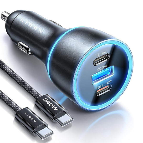 Lisen Car Charger 170W, 5A, 1 x USB-A - 2 x USB-C, with USB-C Cable, Black YL0224010001