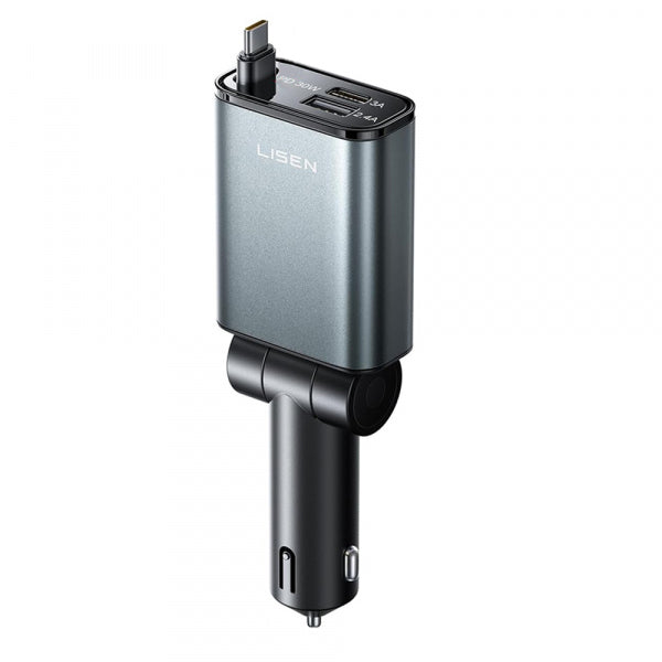 Lisen Car Charger 57W, 3A, 1 x USB-A - 1 x USB-C, with USB-C Cable, Black YL0325010016