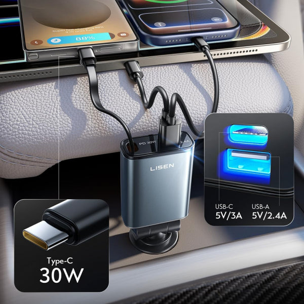 Lisen Car Charger 57W, 3A, 1 x USB-A - 1 x USB-C, with USB-C Cable, Black YL0325010016