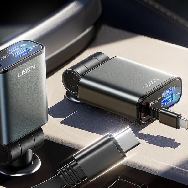 Lisen Car Charger 57W, 3A, 1 x USB-A - 1 x USB-C, with USB-C Cable, Black YL0325010016